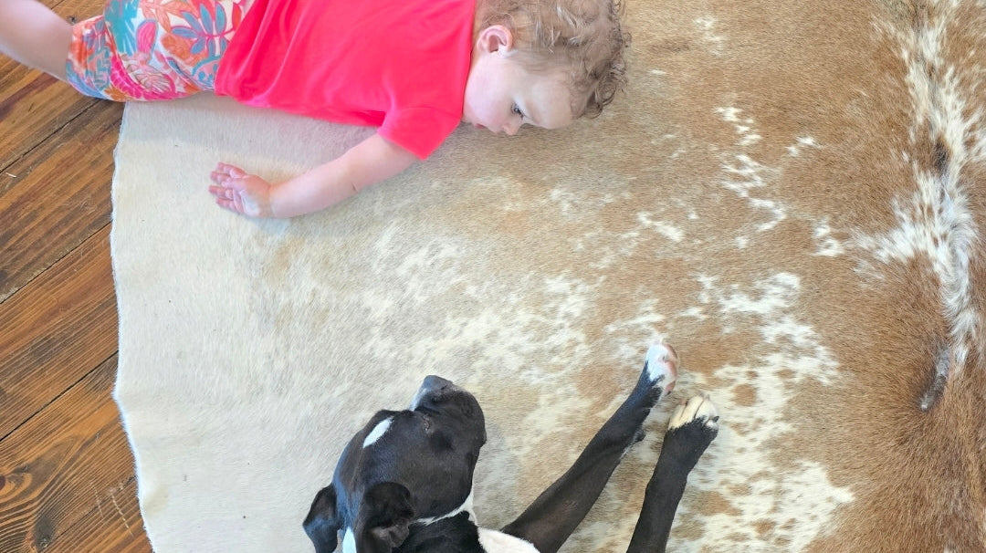 Young child resting beside a family dog at home before welcoming a new baby