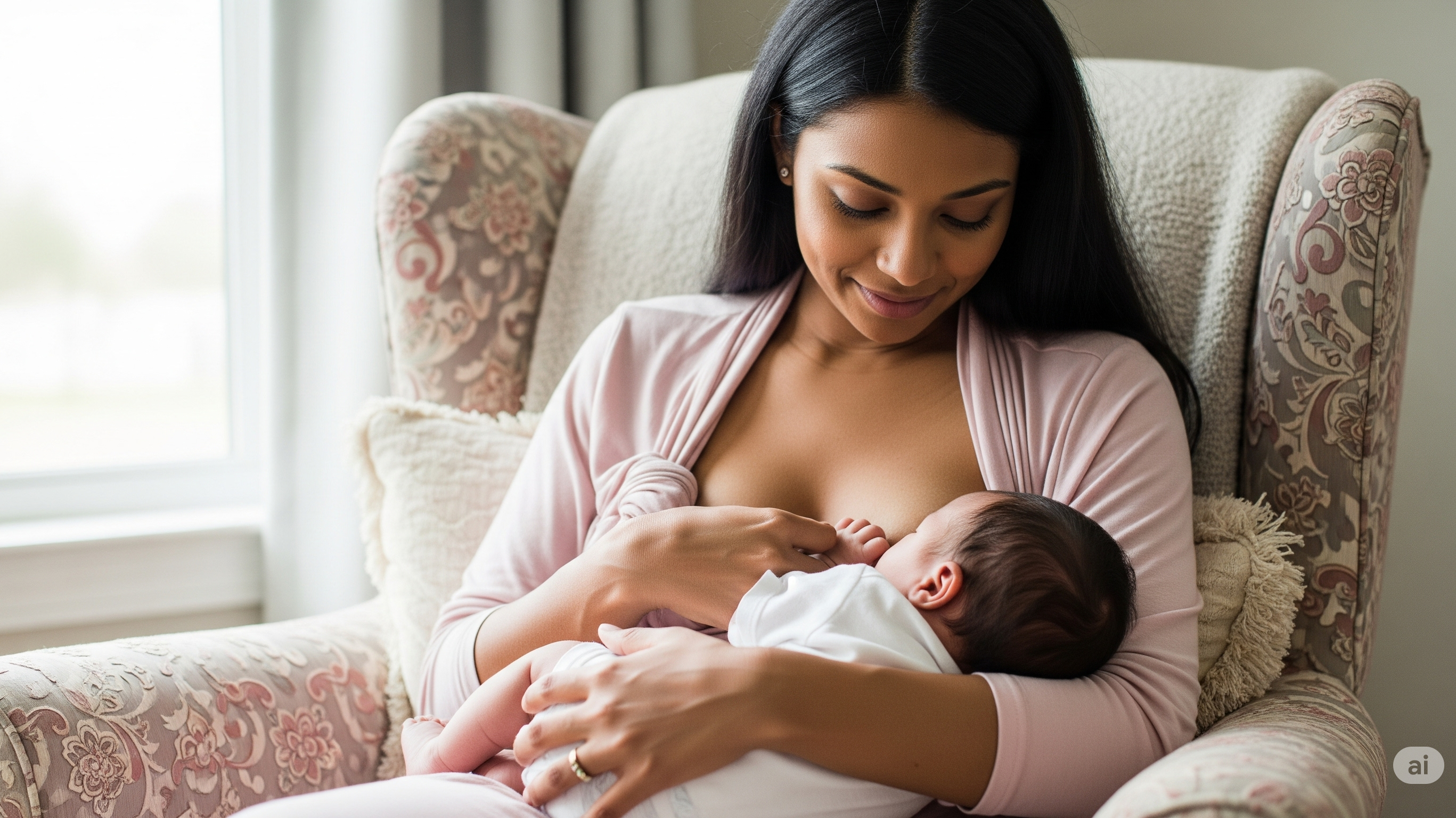 A woman breast feeding an infant. Breastfeeding facts