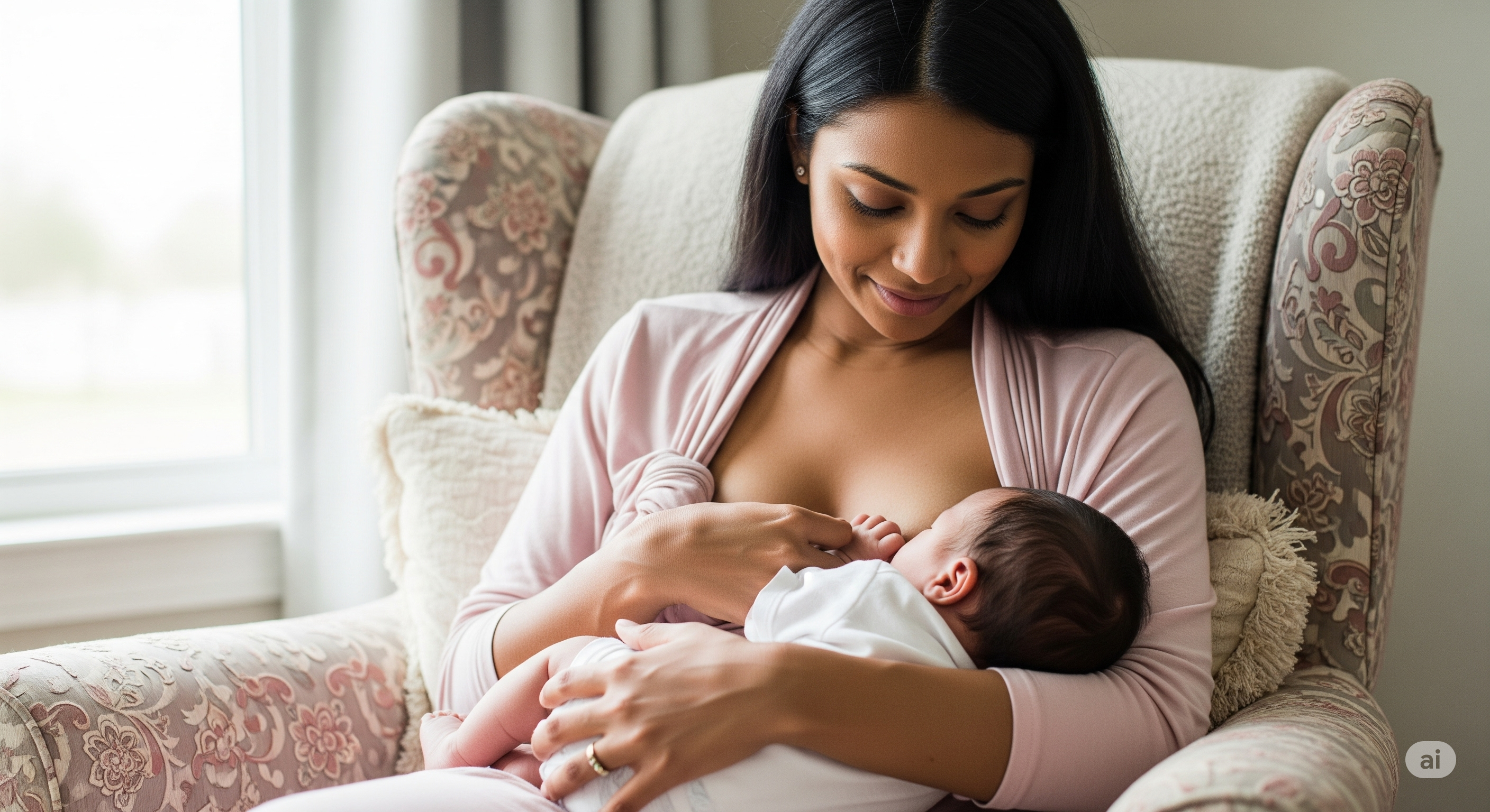 A woman breast feeding an infant. Breastfeeding facts