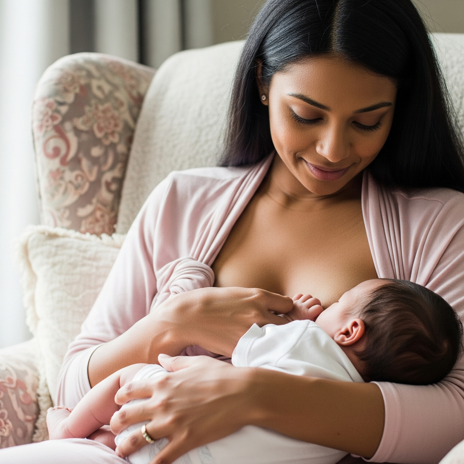 Woman breastfeeding a baby in a cozy living room setting